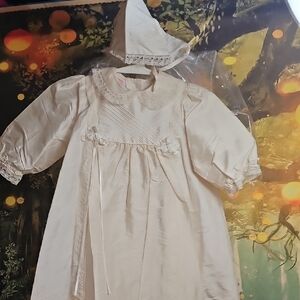 Christening Baptism Communion Cream Baby Dress with Bonnet 0-3mo